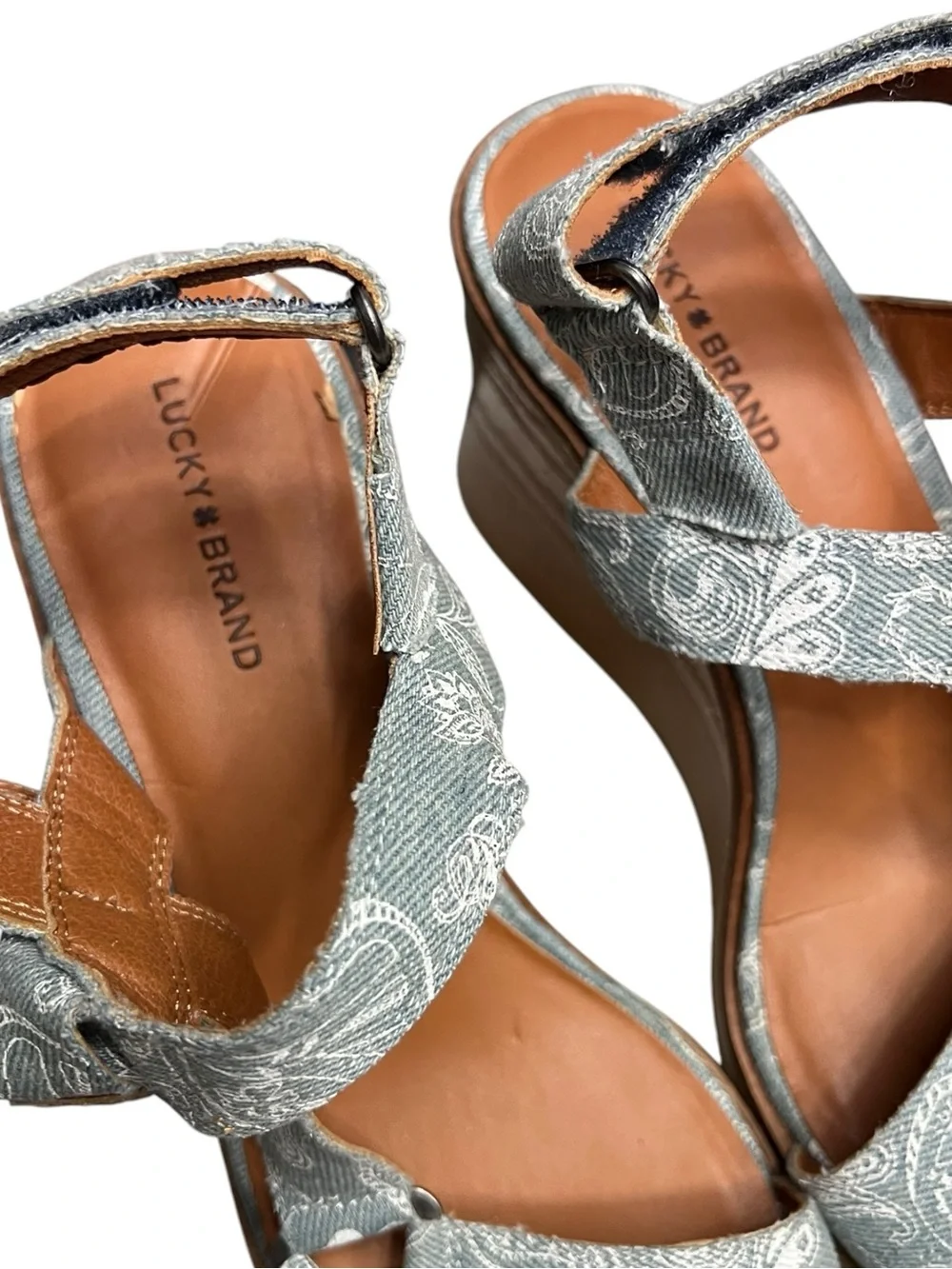 🌻NEW NWOT Lucky Brand Demmia Platform Wedge Sandals Blue Denim Paisley Size 11